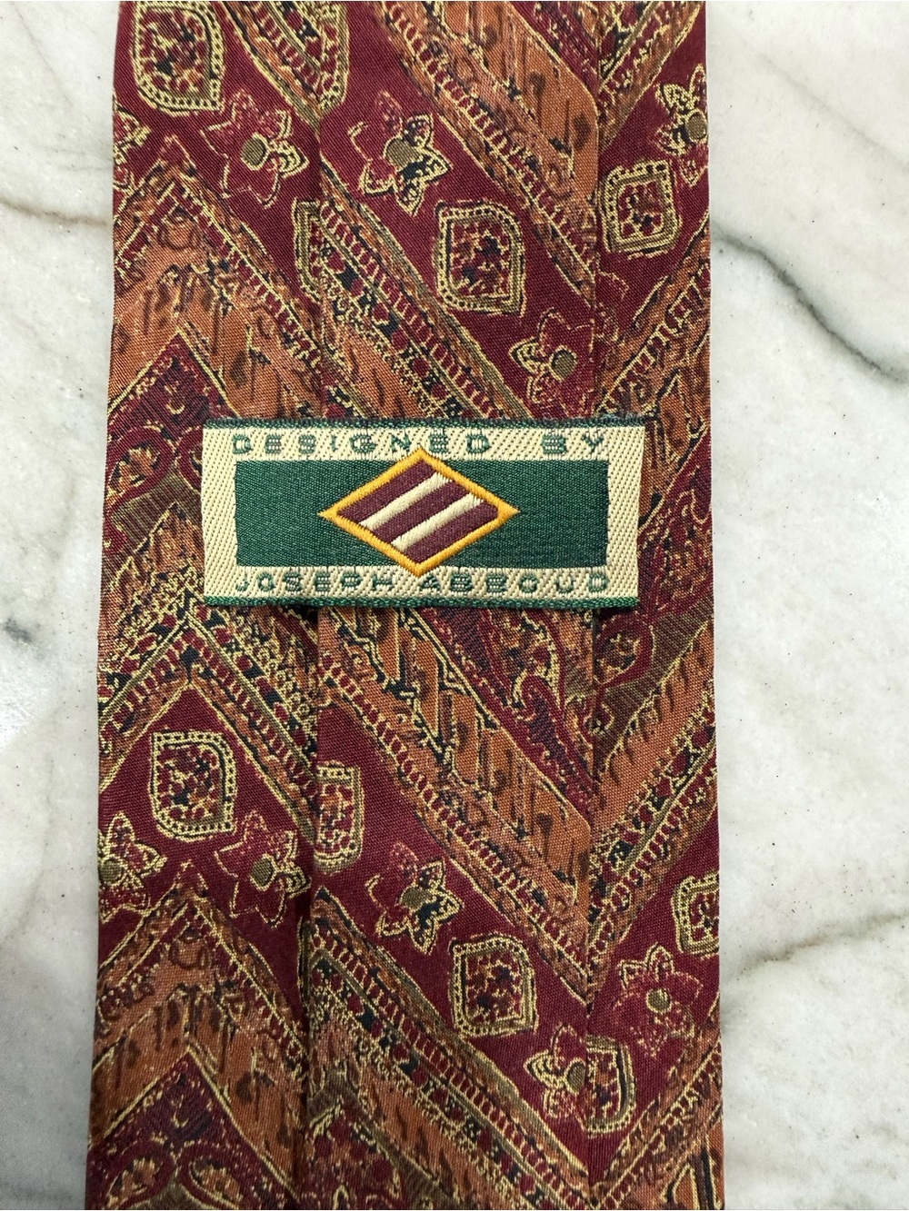 Vintage 90s Joseph Abboud Silk Tie Burgundy Gold Paisley Chevron Tapestry Men's